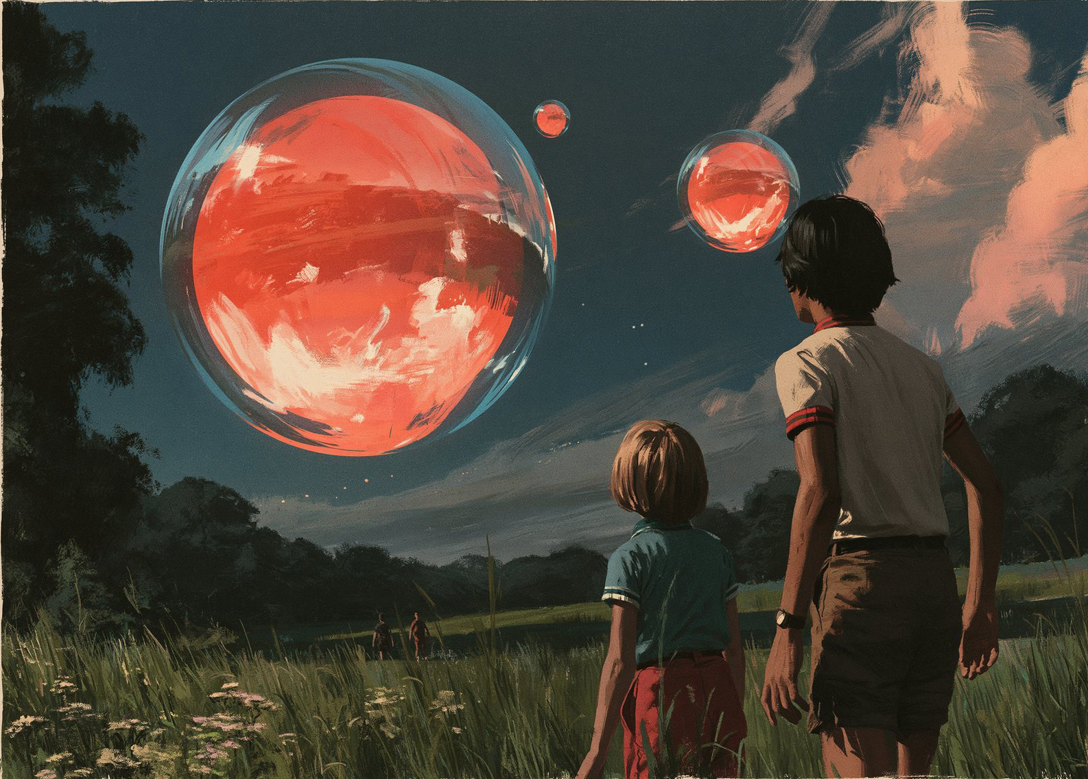 Luminous spheres in the sky over a field at dusk