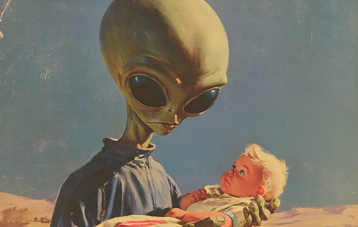 A grey being cradling a human infant
